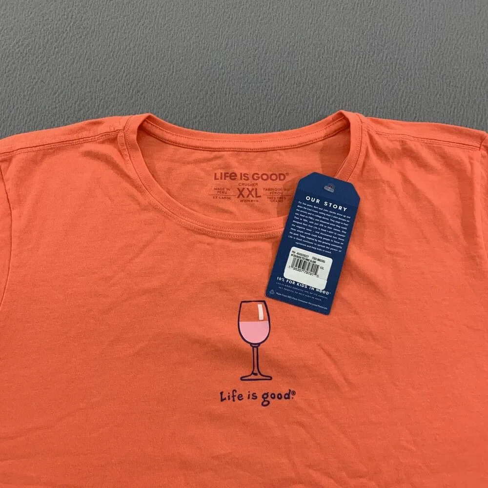 Life Is Good Shirt Womens 2XL Orange Crusher Tee Wine Glass Graphic Cotton NWT - Picture 3 of 10